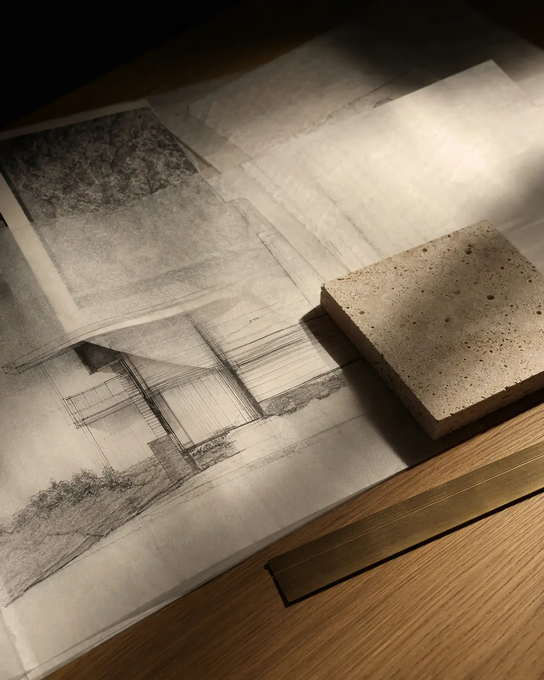 Architectural drawings and material samples on a studio worktable